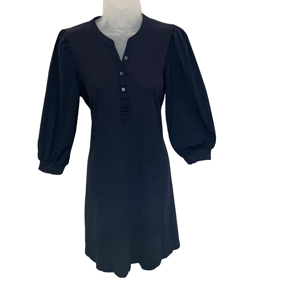 Chicos Women Dress 1 M Navy Cotton Poplin Ribbed Puff Sleeve
